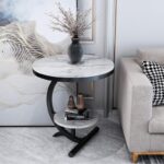 Okrugli pomoćni stočić sa dva nivoa — beli mermer 62×40×30 cm