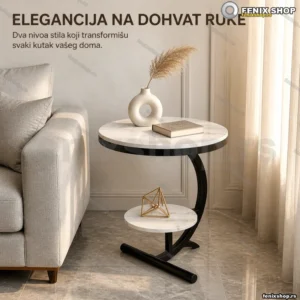 Okrugli pomoćni stočić sa dva nivoa — beli mermer 62×40×30 cm