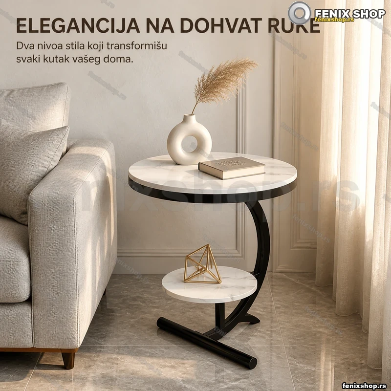 Okrugli pomoćni stočić sa dva nivoa — beli mermer 62×40×30 cm Okrugli pomoćni stočić sa dva nivoa — beli mermer 62×40×30 cm