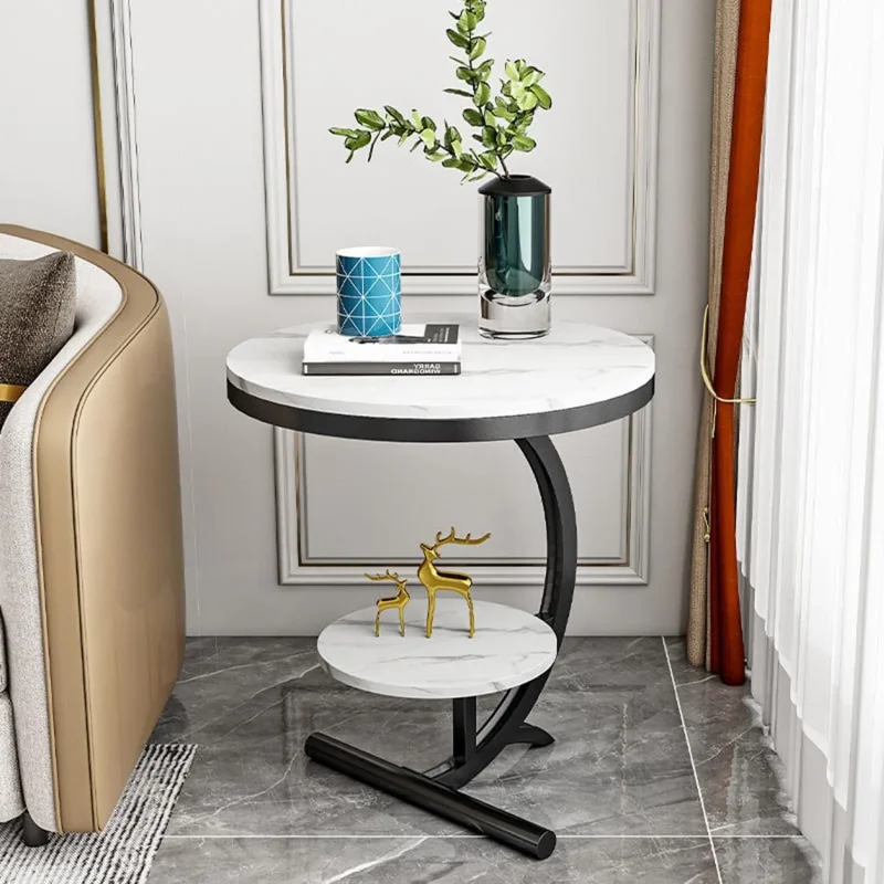 Okrugli pomoćni stočić sa dva nivoa — beli mermer 62×40×30 cm beli dvostruki stočić - detalji
