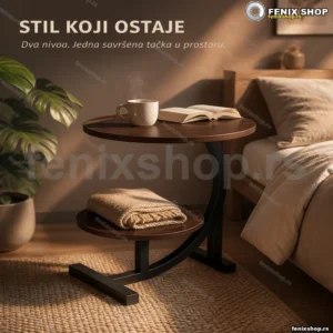 Okrugli pomoćni stočić sa dva nivoa — braon mermer 62×40×30 cm