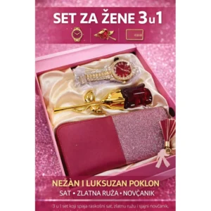 Poklon set za žene 3u1 — sat, ruža-parfem i novčanik u kutiji