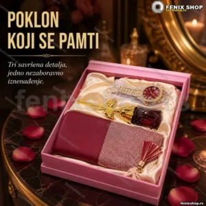 Poklon set za žene 3u1 — sat, ruža-parfem i novčanik u kutiji