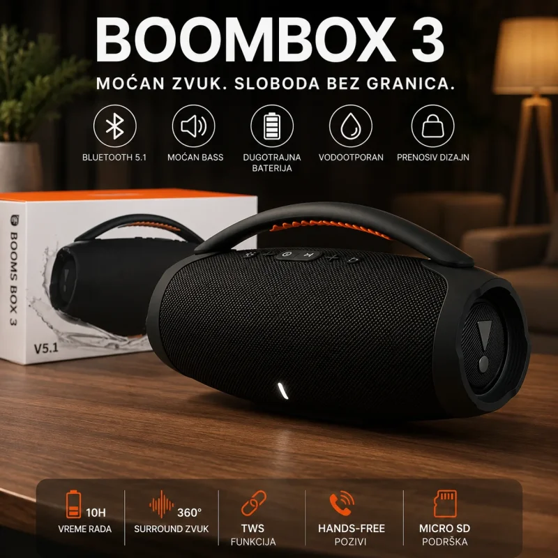 Prenosivi bežični zvučnik Boom Box 3 sa jakim basom zvučnik Boom Box 3 - prednja strana