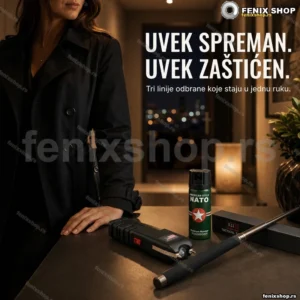 Tročlani komplet za samoodbranu — elektrošoker, sprej i palica