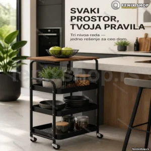 Visoka kolica-polica na točkićima sa 3 nivoa i drvenom pločom