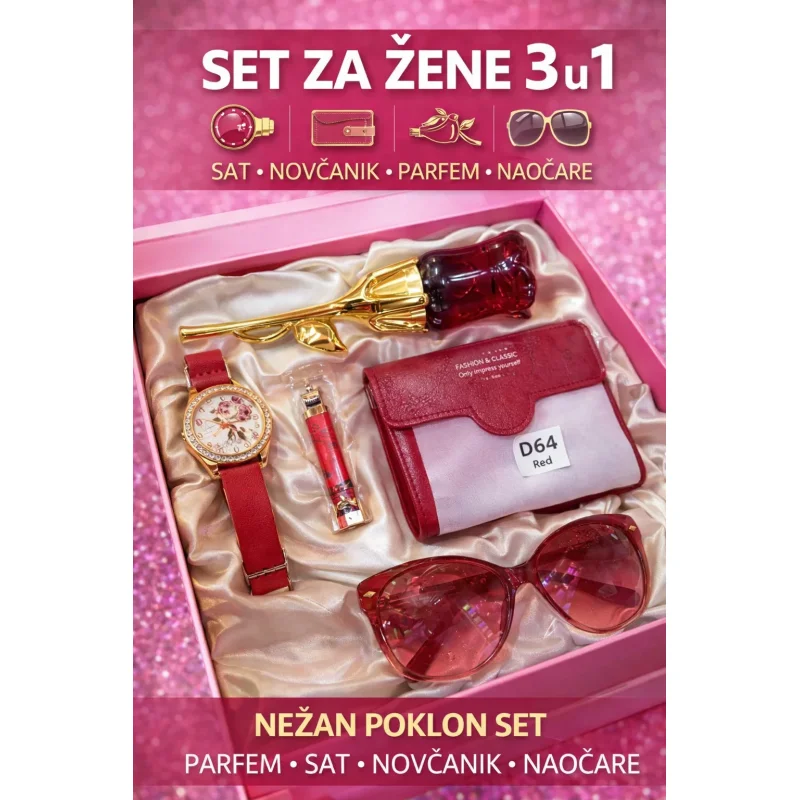 Ženski poklon set 3u1 — ruža, sat, novčanik i naočare poklon set 3u1 - u upotrebi