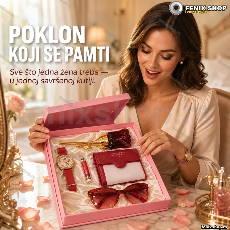Ženski poklon set 3u1 — ruža, sat, novčanik i naočare Ženski poklon set 3u1 — ruža, sat, novčanik i naočare