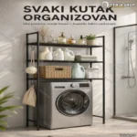 Crna metalna polica iznad veš mašine sa kukicama 138×81×25 cm