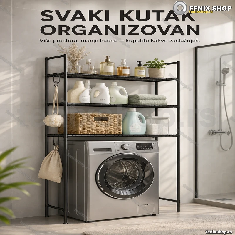 Crna metalna polica iznad veš mašine sa kukicama 138×81×25 cm Crna metalna polica iznad veš mašine sa kukicama 138×81×25 cm