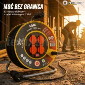 Produžni kabl na motalici 50 m — 4 utičnice, IP44, 2950 W