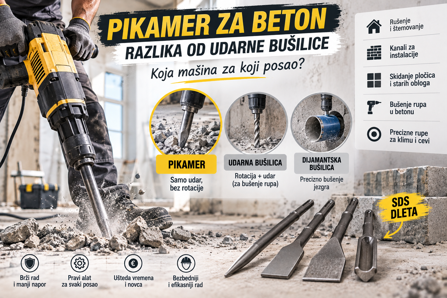 Pikamer za beton: razlika od udarne bušilice