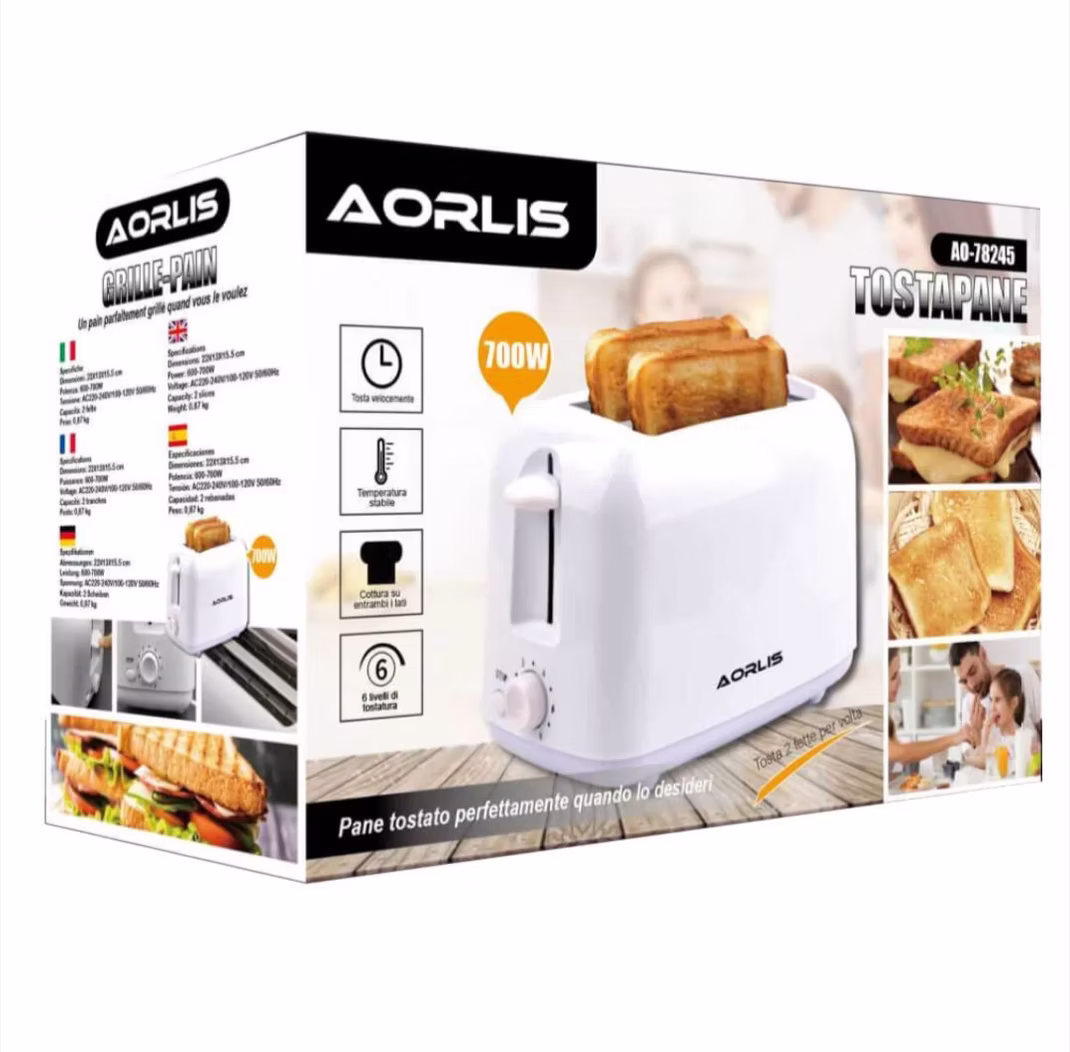 AORLIS toster za hleb 700W — dva otvora, 6 nivoa pečenja AORLIS toster za hleb 700W - prednja strana