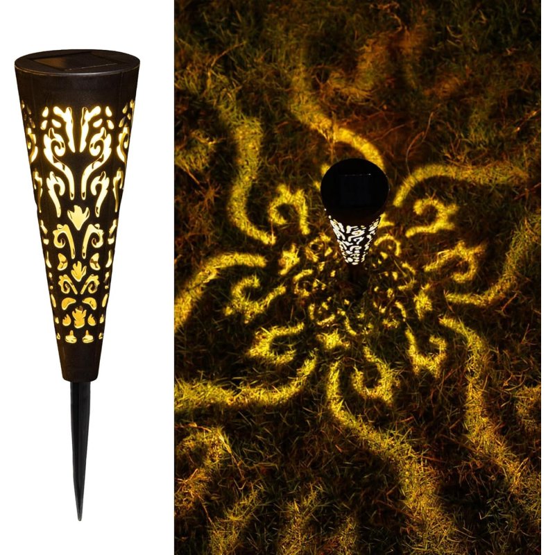 Bastenske solarne baklje sa ornamentom — 44 cm, zamenljiva baterija solarne lampe za stazu - u upotrebi