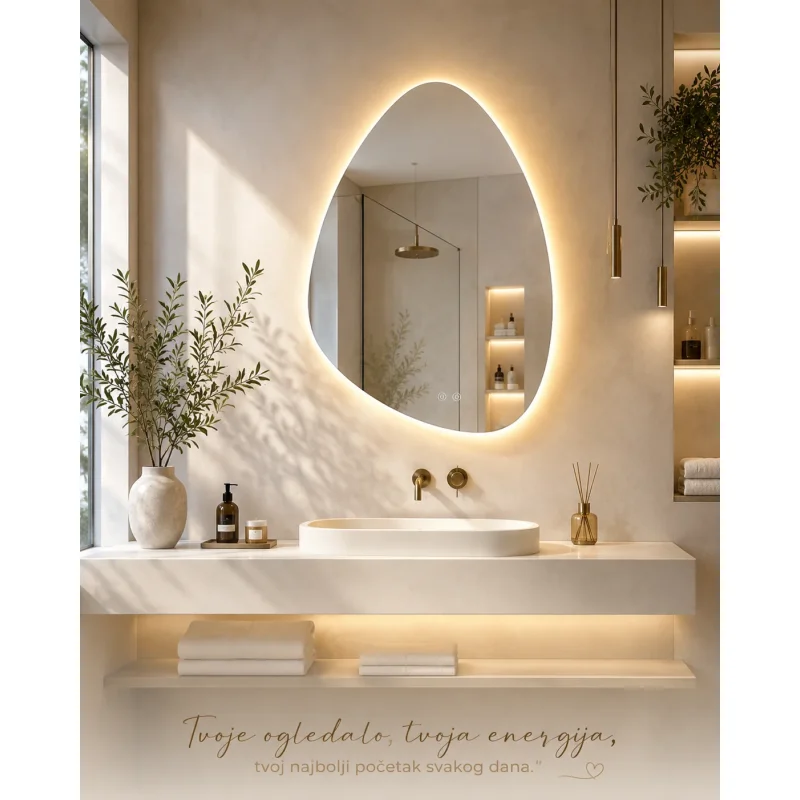 LED ogledalo asimetričnog oblika 52×72 cm — pozadinsko osvetljenje asimetrično LED ogledalo 52x72 - prednja strana