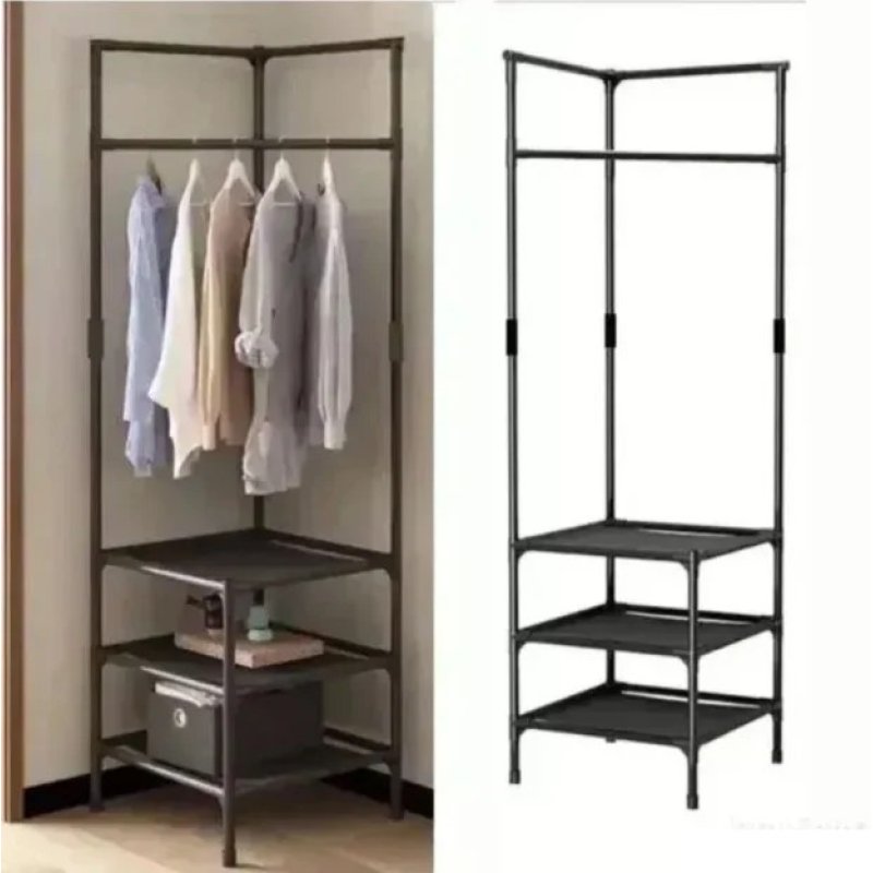 Metalni ugaoni cipelarnik sa čivilukom 45x45x180 cm — crni ugaoni stalak za cipele i jakne - prednja strana