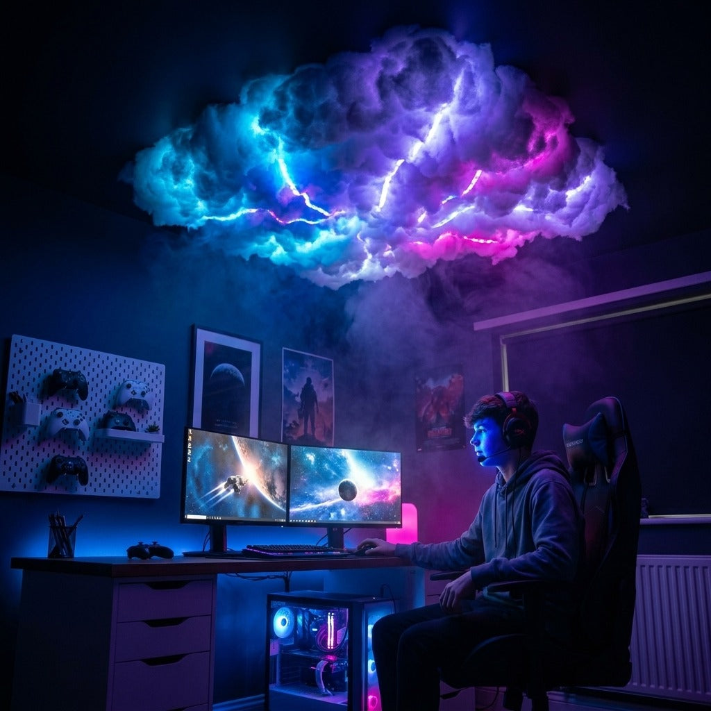 RGB LED oblak iznad gaming stola — plava i ljubičasta svetlost