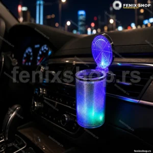 Auto pepeljara sa LED svetlom, poklopcem i metalnim uloškom