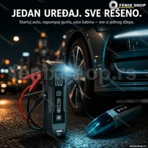 CHELV A-020 jump starter sa pumpom, usisivačem i LED lampom — 4u1