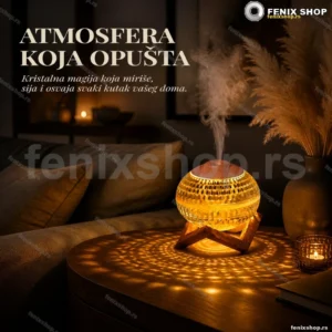 Aroma lampa kristalna kugla sa svetlosnim efektom i drvenim postoljem
