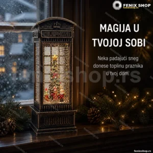 Dekorativna telefonska govornica sa efektom snega i toplom svetlošću