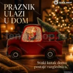 Svetleći Deda Mraz za volanom crvenog kamioneta sa jelkom i muzikom