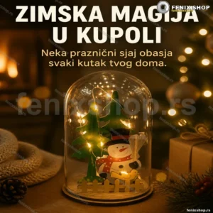 LED staklena kupola sa sneškom i jelkicama na drvenoj osnovi