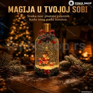 Muzički fenjer boca sa efektom snega — novogodišnja dekoracija