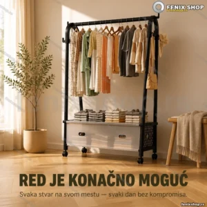 Stalak za odeću sa komodom, točkićima i gornjom šinom