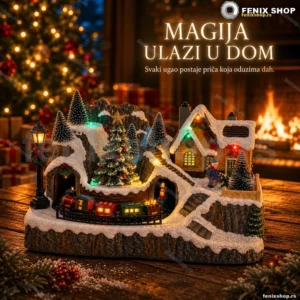LED novogodišnja scena — selo sa vozom i jelkom koja se rotira