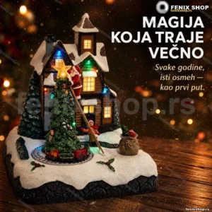 Keramičko osvetljeno selo sa prugom, vozom i muzikom, 21,6 cm