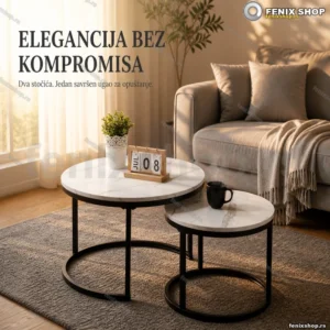 Nesting stočići za dnevnu sobu — beli mermer efekt, crne noge, 2 kom