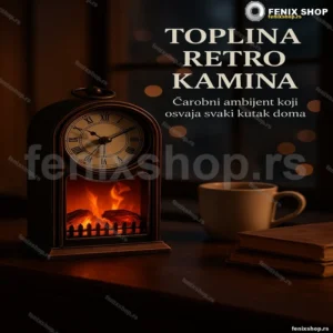 Dekorativni stoni sat sa kaminom — retro bronzana lampa 2u1