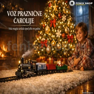 Praznična pruga oko jelke — lokomotiva, 3 vagona, svetlo i muzika
