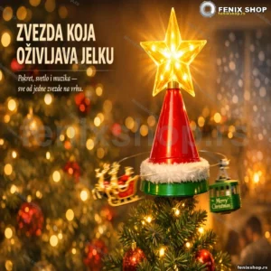 Ukras za vrh jelke — rotirajuća LED zvezda sa Deda Mrazom i muzikom, USB