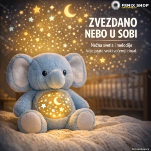 Noćna lampa za decu — plišani slon sa projektorom i melodijama