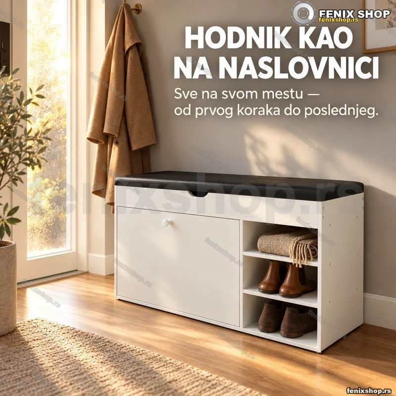 Beli cipelarnik sa tapaciranim sedištem za hodnik Beli cipelarnik sa tapaciranim sedištem za hodnik
