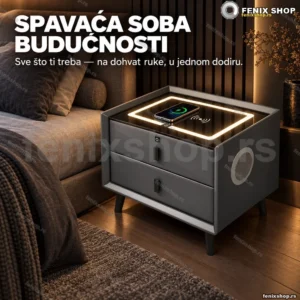 Pametni Noćni Stočić sa Otključavanjem na Otisak Prsta, Bežičnim Punjenjem, Bluetooth Zvučnikom i LED Osvetljenjem – Dark Grey