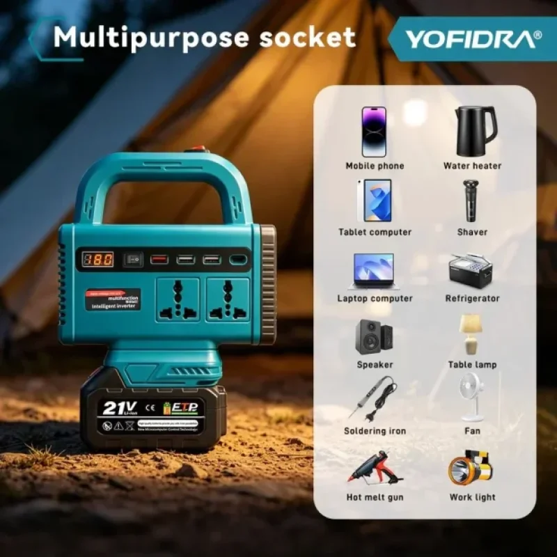 Pretvarač napona 200W za aku bateriju 21V — struja 220V AC prenosivi pretvarač 200W - prednja strana