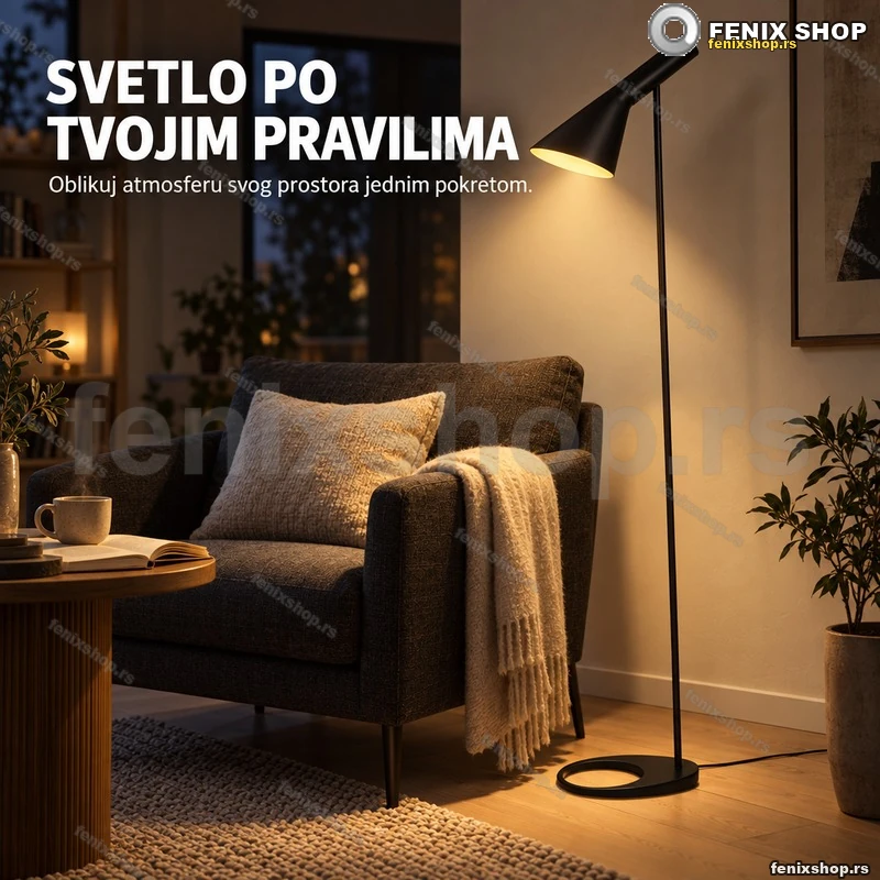 Retro podna lampa 130 cm — metalni stub sa nagnutim abažurom E27 Retro podna lampa 130 cm — metalni stub sa nagnutim abažurom E27